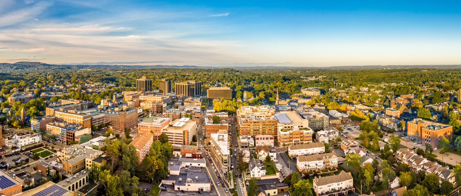 An aerial photograph of Morristown, NJ.